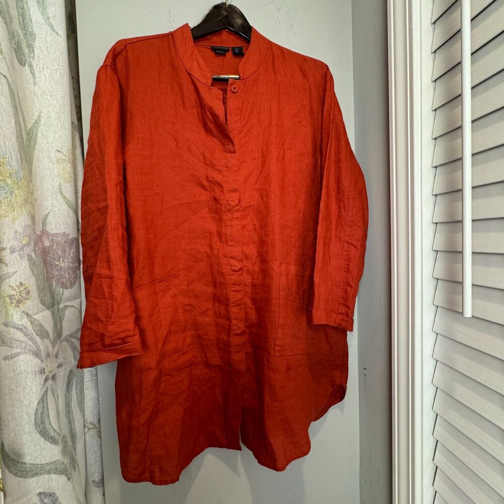 Tahari Womens 100% Linen Burnt Orange Tunic Shirt Dress Mandarin Collar Resort